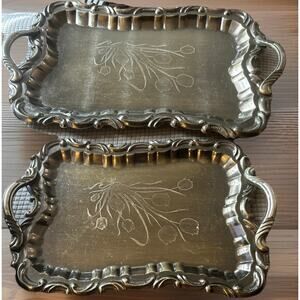 2 antique or vintage Butler Serving Tray Victorian Ornate Long w handles tulip